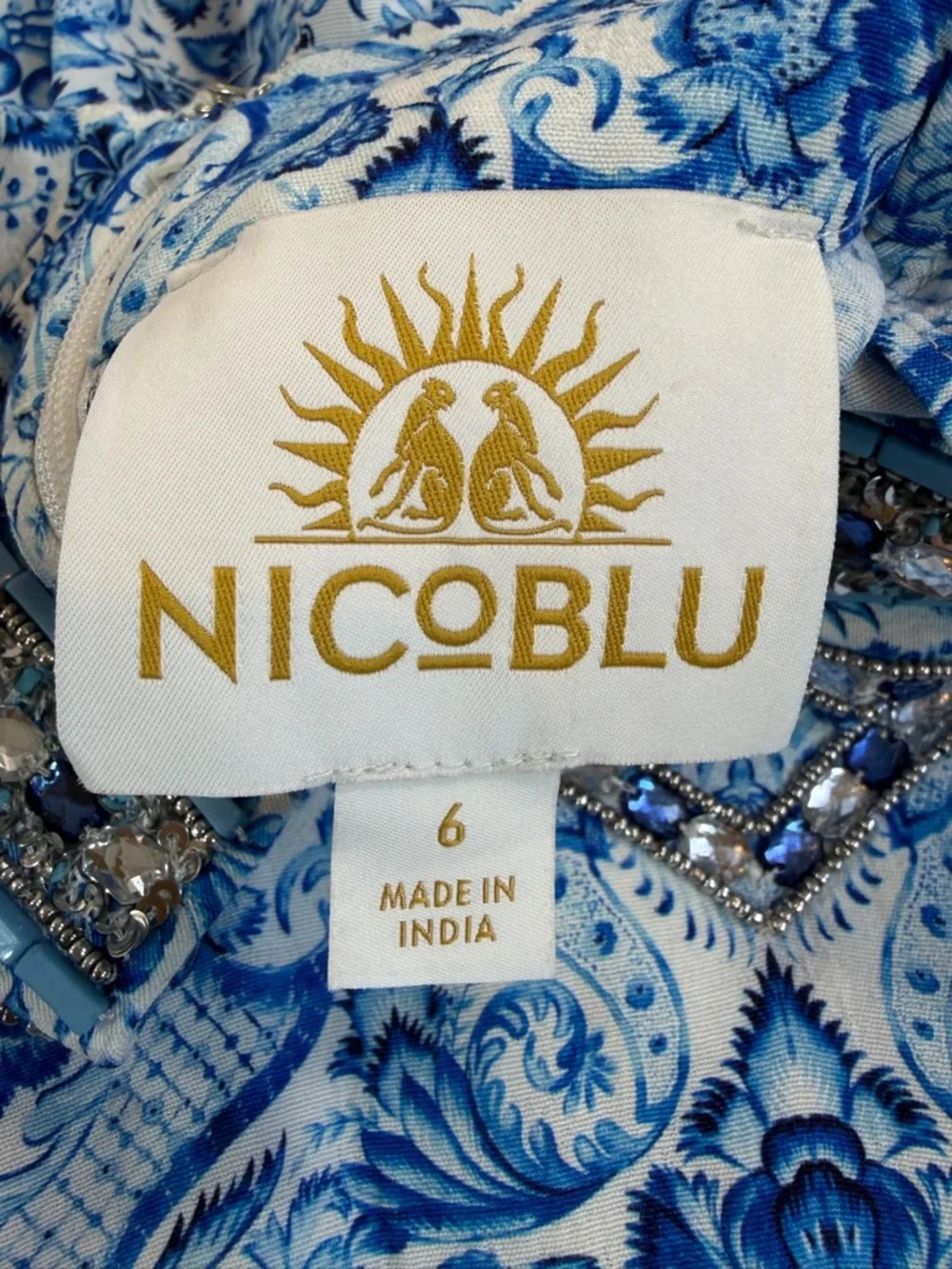 Nicoblu Beaded Resort Dress Blue White Mediterranean Luxe Size 6 - Picture 9 of 15